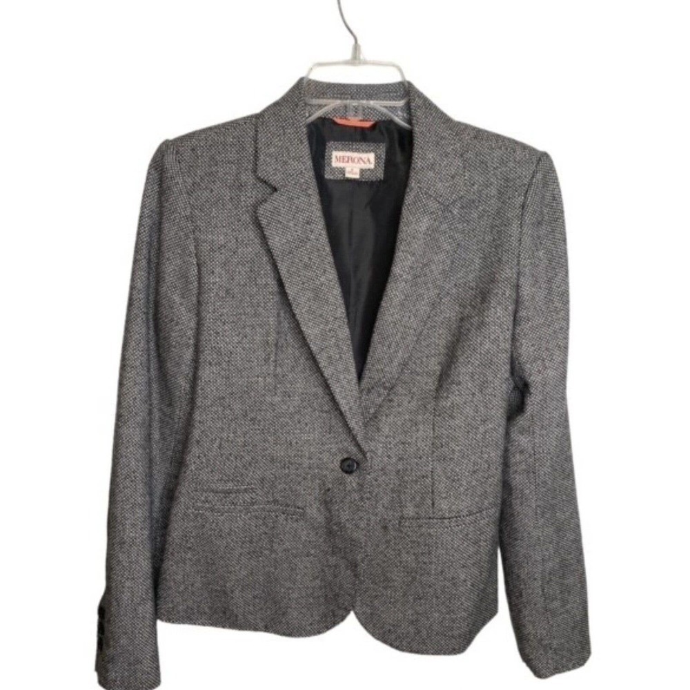 Merona Womens Blazer Size 6 Black Tweed Notched Collar Button-Up Long Sleeve EUC